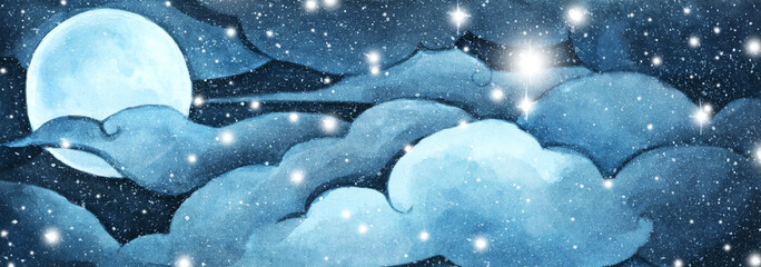 Mystical night sky background with full moon, clouds and stars. Moonlight night. Watercolor illustration.
