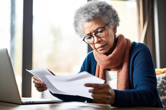 Senior woman retired sit with a laptop and reading a document. Pensive older woman with a paper bill managing her finances, planning banking loan debt, and paying taxes online using a computer. 