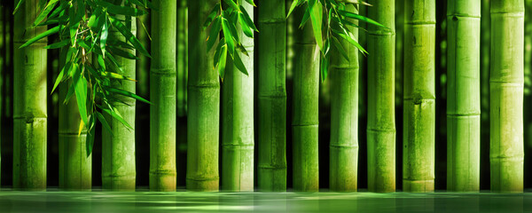 thick bamboo stems in a row in water, green sunny nature spa background for wallpaper decoration...