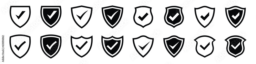 Sticker security shields logotypes with check mark shields. defense protect elements. security shield symbol