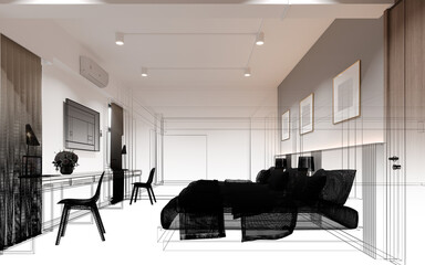  sketch design of interior bedroom, 3d rendering wire frame