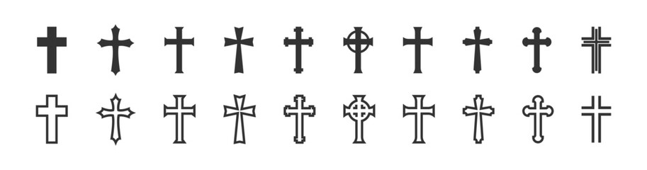 Christian cross set icon. Religion crucifix black and line icons collection.  Vector Isolated illustration