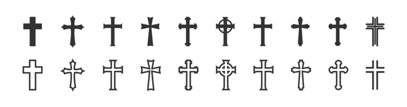 Christian cross set icon. Religion crucifix black and line icons collection.  Vector Isolated illustration