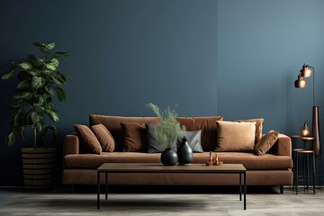 The elegant and modern living room is decorated with brown velvet sofas a small wooden table with books and coffee cups with small decorative plants a dark atmosphere.
