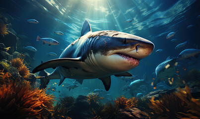 Fototapeta premium Underwater world, close-up shark swims at depth.