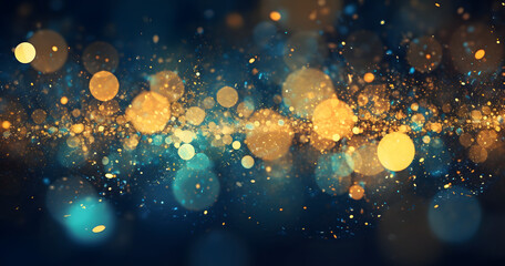 Abstract background featuring dark blue canvass embellished with golden particles, portraying a celestial play of light shine and bokeh effects. The presence of gold foil texture  - obrazy, fototapety, plakaty