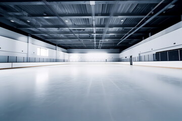 Empty ice hockey arena with scratched ice surface indoor. Winter sports concept.