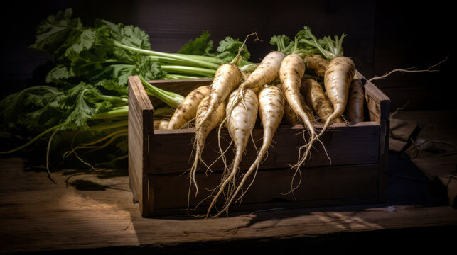 parsnips in a wooden box