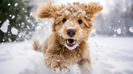 cockapoo dog running in the snow