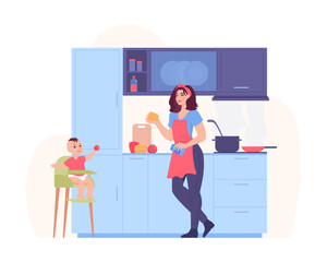 Happy mother cooking meal at kitchen vector illustration. Woman doing domestic tasks with baby in high chair, cooking utensils and ingredients around. Home life, child care, parenting concept