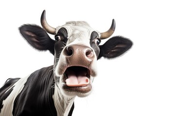 Surprised cow with goofy face mooing and looking at camera, isolated on white background. Close up portrait of funny animal. - 638818462