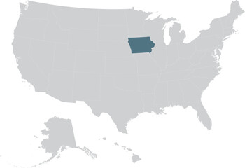 Fototapeta na wymiar Blue Map of US federal state of Iowa within gray map of United States of America