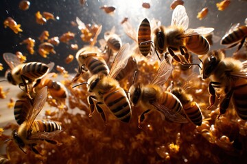 Close up view of the bees on honey cells
