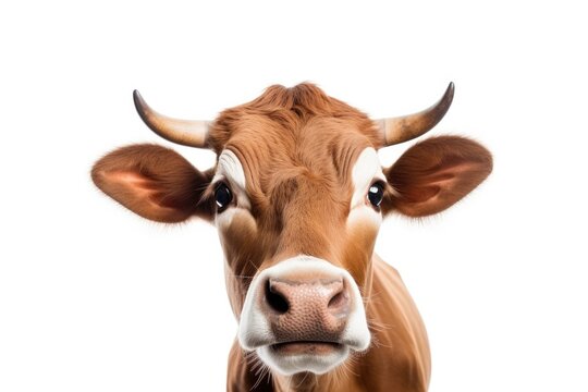 Portrait of brown cow, isolated on white background. Funny cute animal looking at camera.