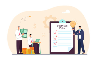 Businessman pitching to investors vector illustration. Investors studying business plan of startup with laptop, planning to invest money in project. Funding, finance, business concept