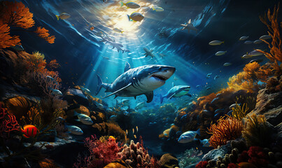 Fototapeta na wymiar Underwater world, close-up shark swims at depth.