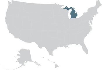Blue Map of US federal state of Michigan within gray map of United States of America