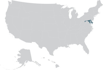 Blue Map of US federal state of Maryland within gray map of United States of America