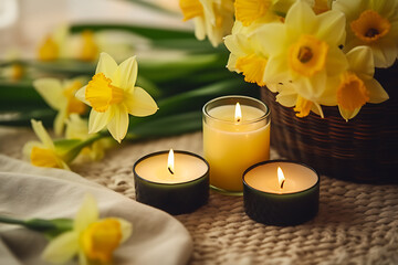 Obraz na płótnie Canvas Candles with daffodils in a home interior