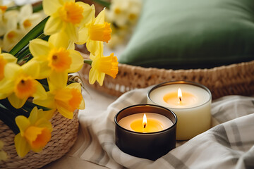 Obraz na płótnie Canvas Candles with daffodils in a home interior