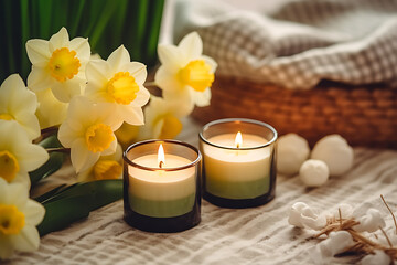 Candles with daffodils in a home interior