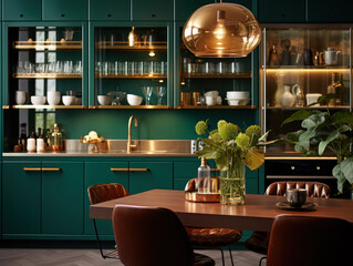Emerald green kitchen in modern trendy design. Luxury finishes for comfortable family living.