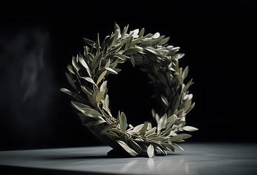 Kotinos olive wreath it is prize for Olympic Games winner at ancient Greece. Crown with laurel leaves on pedestal.