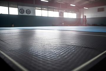 Wrestling and fitness equipment for athletes training in empty gym. Soft tatami floor.
