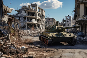 Fototapeta premium Tank in war torn area