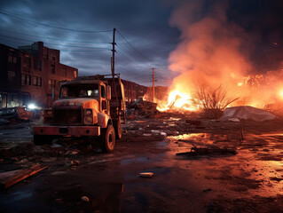 fire truck on the road near a fire