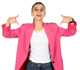 Pointing index fingers down, cheerful happy brunette caucasian business woman pointing index fingers down. Wearing glasses, pink formal jacket white shirt. Career concept idea. Transparent png.