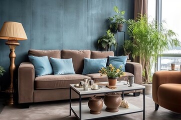 The elegant and modern living room is decorated with brown velvet sofas a small wooden table with books and coffee cups with small decorative plants a dark atmosphere.