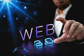 Web 3.0 concept image with businessman hand show web 3.0,Web and technology concepts, forward thinking businessman in suit stands against a captivating dark background, Exciting possibilities of Web 3
