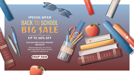 Back to school sale banner template with textbooks, books, stationery. School time, back to school, education.Concept web design, website page