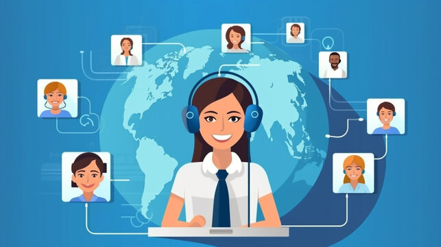 Call center, woman and working in team office with headset, computer and online customer support with generative Ai
