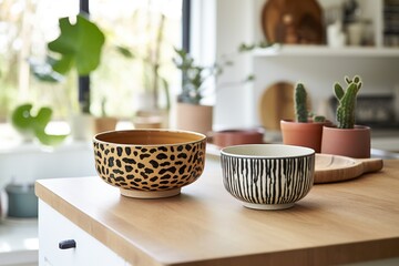 This simple yet luxurious interior design featuring a minimal ceramic bowl atop a table serves as an inviting and stylish centerpiece that invites guests to marvel at its earthenware beauty