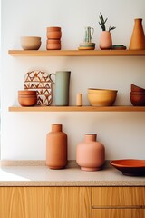 Fototapeta na wymiar This luxurious, minimalistic interior design featuring an array of elegant ceramic objects - from vases to flowerpots, bowls to porcelain tranquility and invites the beauty of nature indoors