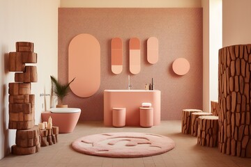 A luxurious and minimal bathroom with a stylish pink and white color scheme, complete with a tile floor, wall mirror, vase, and toilet, invites relaxation and creates an inviting interior design