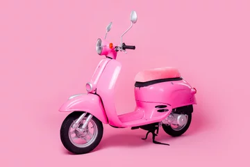 Foto op Plexiglas Scooter Photo of bright transport for woman comfortable seat italian style scooter isolated on pink color background