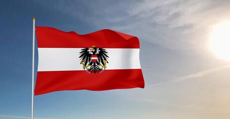 Austria national flag cloth fabric waving on beautiful grey sky Background.
