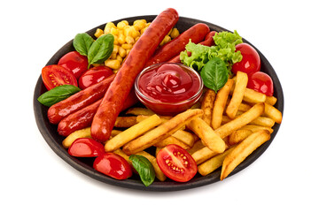 BBQ Roasted pork sausages with french fries, close-up, isolated on white background.