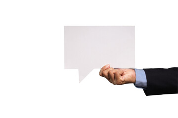 Close-up of a businessman holding a blank white speech bubble while standing on a transparent background