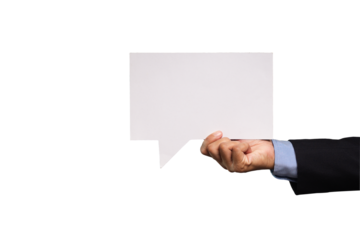 Close-up of a businessman holding a blank white speech bubble while standing on a transparent background