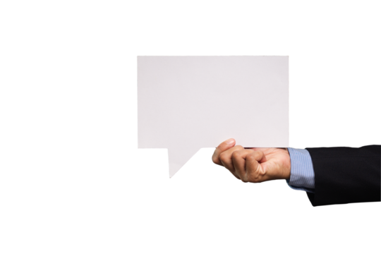 Close-up of a businessman holding a blank white speech bubble while standing on a transparent background - Powered by Adobe
