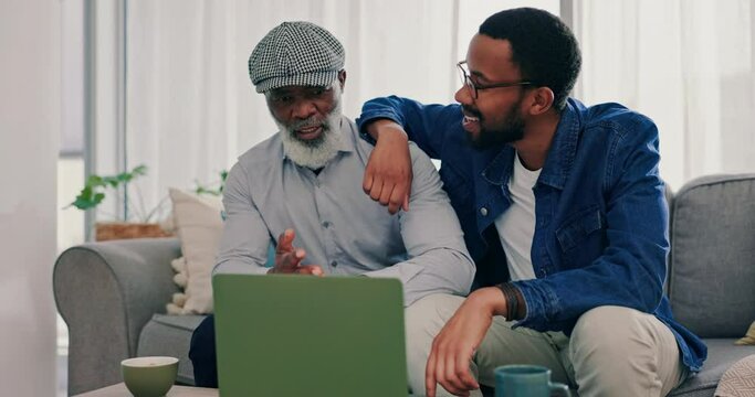 Senior father, son and watching on laptop in a living room at home with app streaming online. Conversation, family and internet with bonding, web subscription and computer of black people together