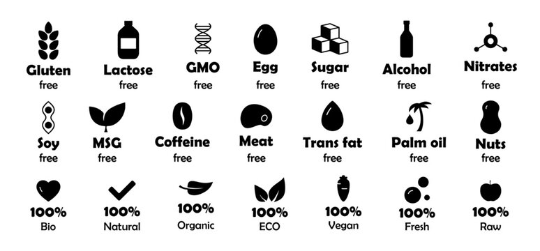 Set of ingredient free labels for product and food. Allergen free icons. Dietary restrictions icon collection. Free of sugar, lactose, alcohol, soy, nitrates, nuts