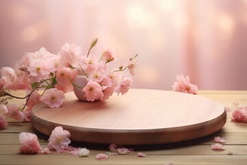 Obraz na płótnie Canvas Circular wooden empty podium for presentation or advertising, Background with blurred flowers and scattered petals space, Concept of scene stage for natural products or promotion