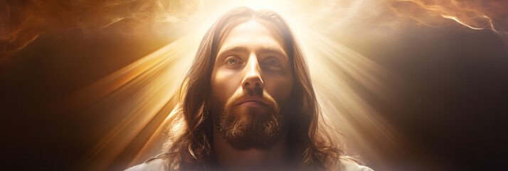 Jesus Christ depicted with a gentle expression, surrounded by a heavenly glow, bringing a sense of peace and serenity.