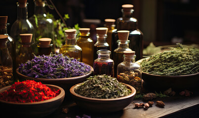 Aromatherapy, herbs, flowers and bottles of essential oil on a wooden background.