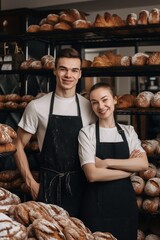 a smiling young man and woman standing in their bakery